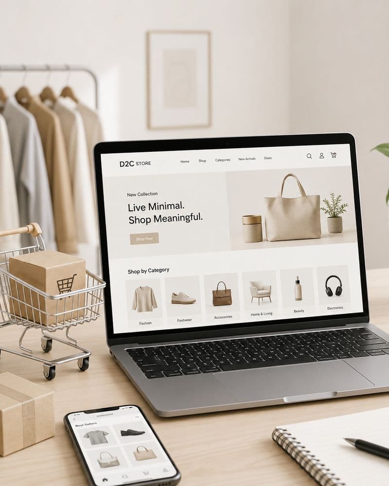 Laptop showing a D2C ecommerce storefront beside a miniature shopping cart