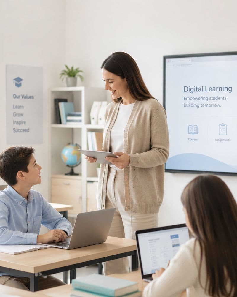 Education software in a classroom as a teacher guides students on laptops beside a digital learning board