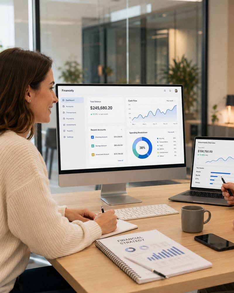 Advisors reviewing a fintech dashboard with account balances, cash flow and investment charts