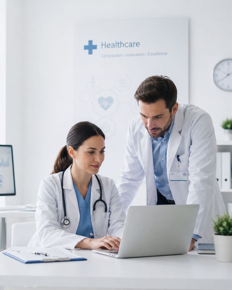 Healthcare software in use as two doctors review patient information on a laptop in a clinic