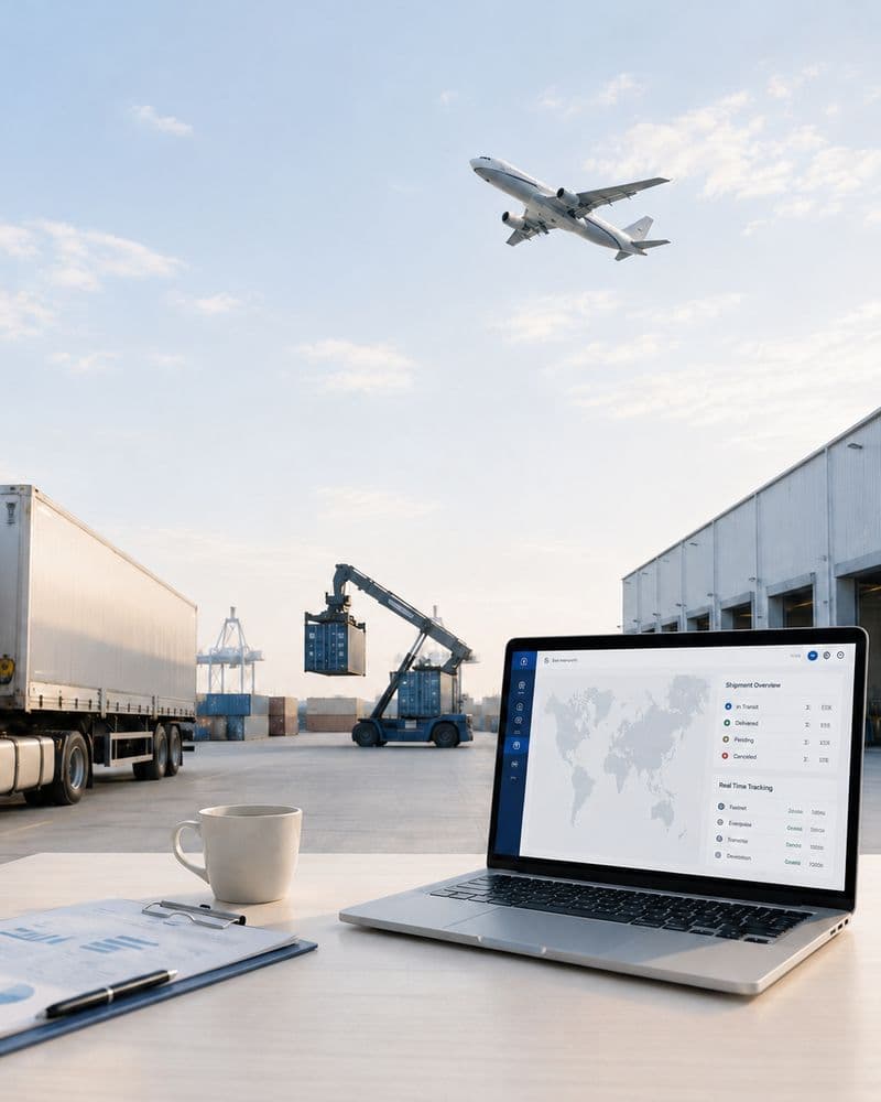 Logistics software showing shipment tracking on a laptop at a freight yard with trucks and containers