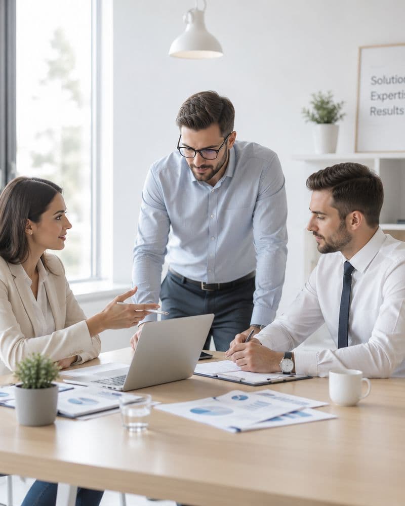 Professional services team reviewing reporting with a client around a boardroom table