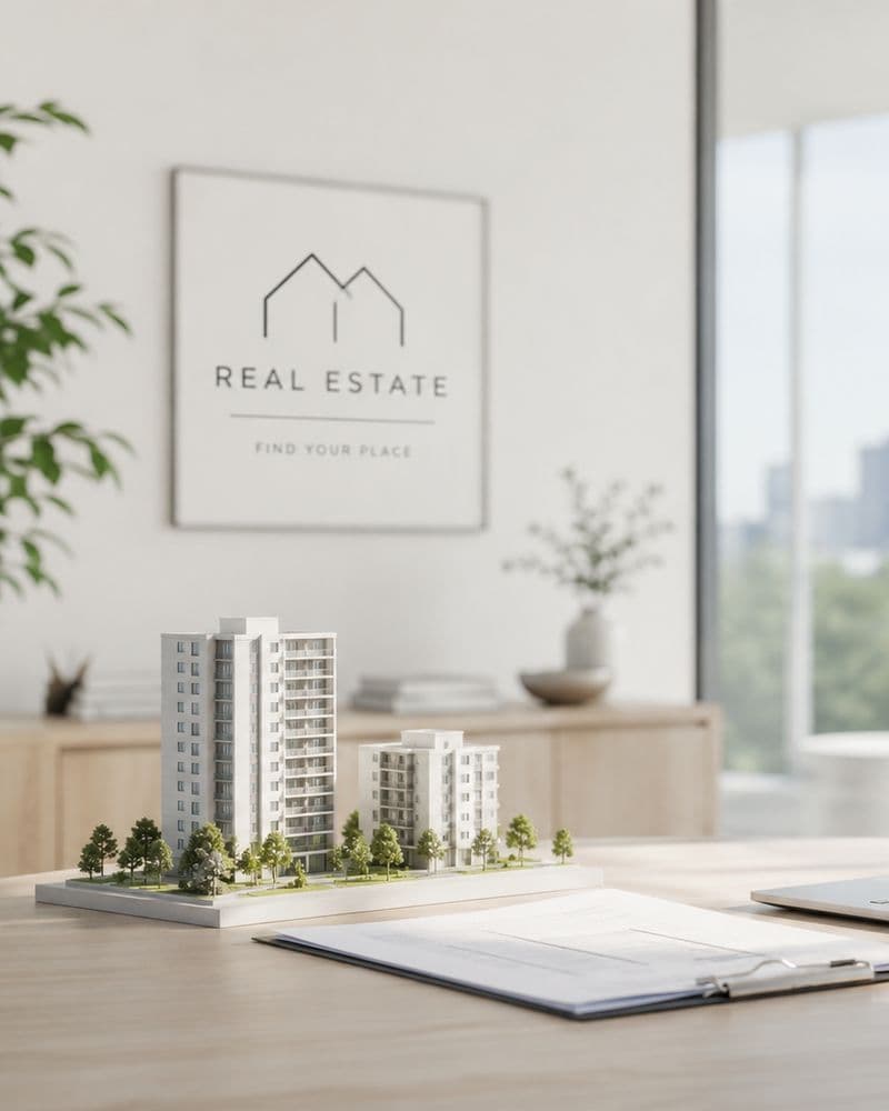 Scale models of apartment buildings on a desk in a real estate office