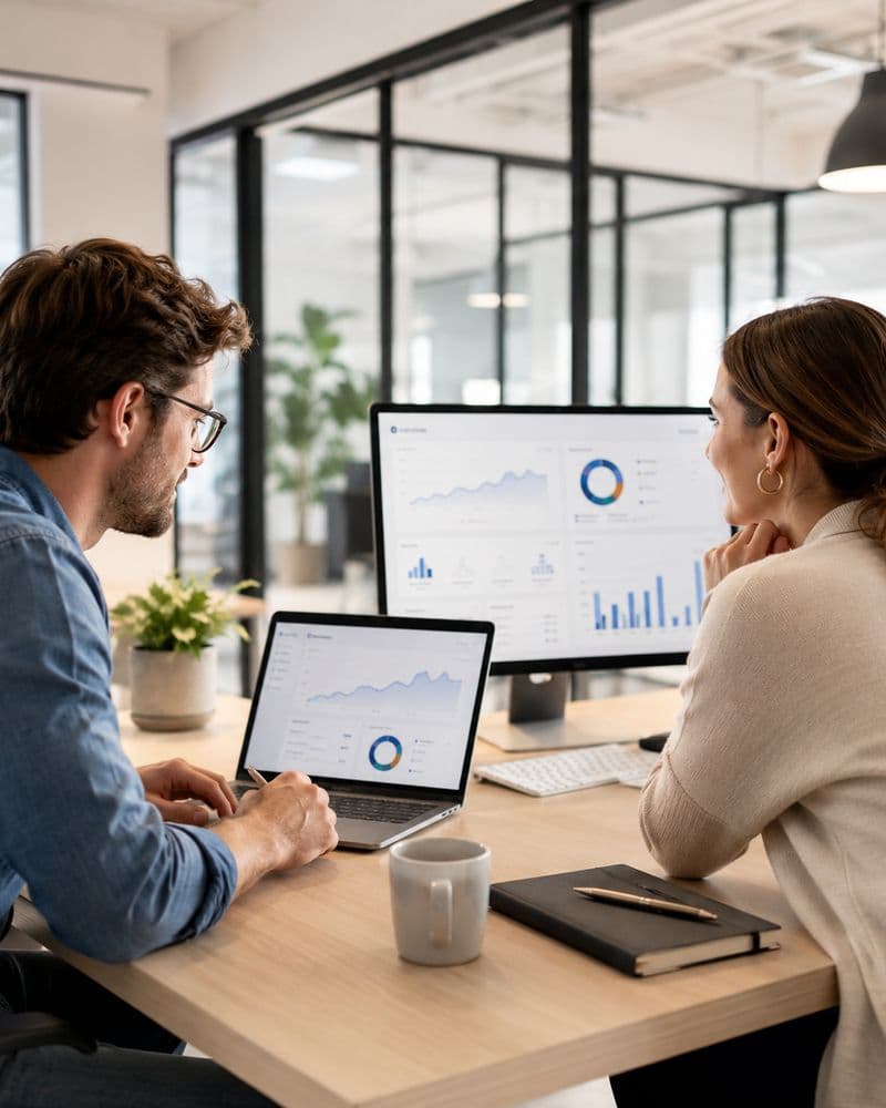 Two founders comparing SaaS analytics dashboards on a monitor and a laptop