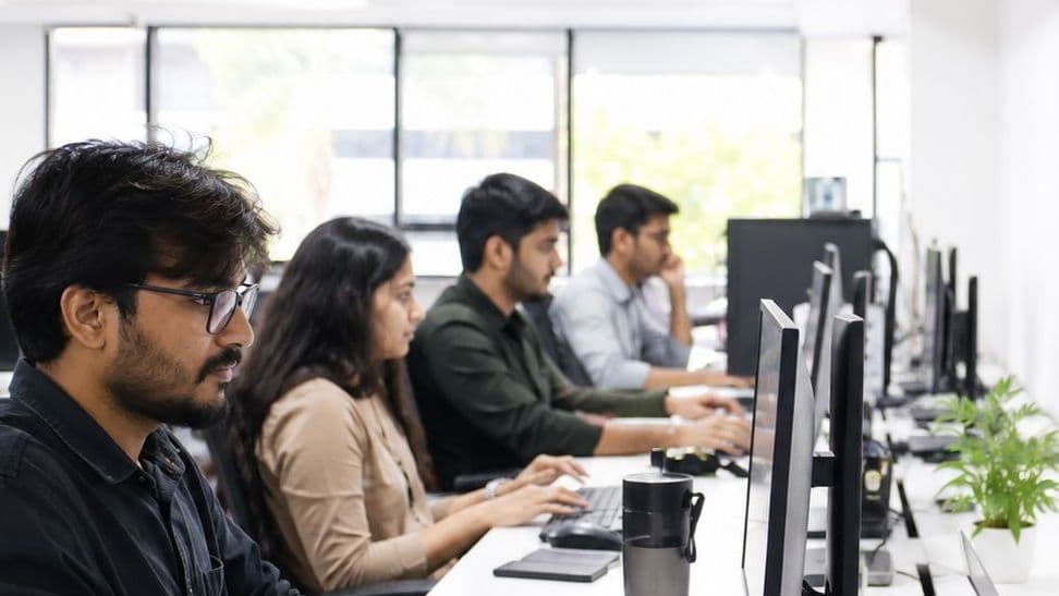 A row of engineers working at desks along a shared bench in an open office
