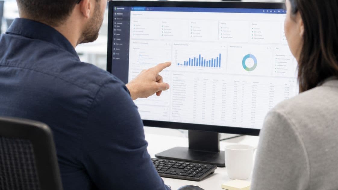 Two colleagues at a desk reviewing an ERP dashboard of charts and tables on a monitor